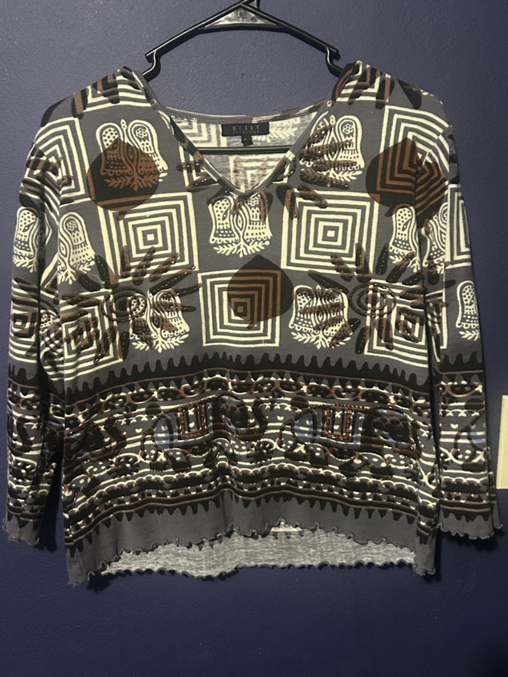 Renuar Brown & Gray Geometric V-Neck Long Sleeve Top